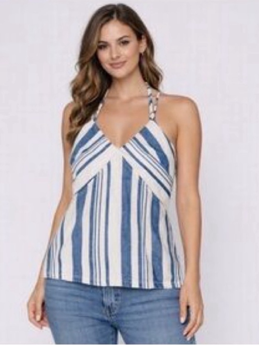 Universal Thread Bohemian Soft Denim Striped Blue & White Halter Tank Top NWT